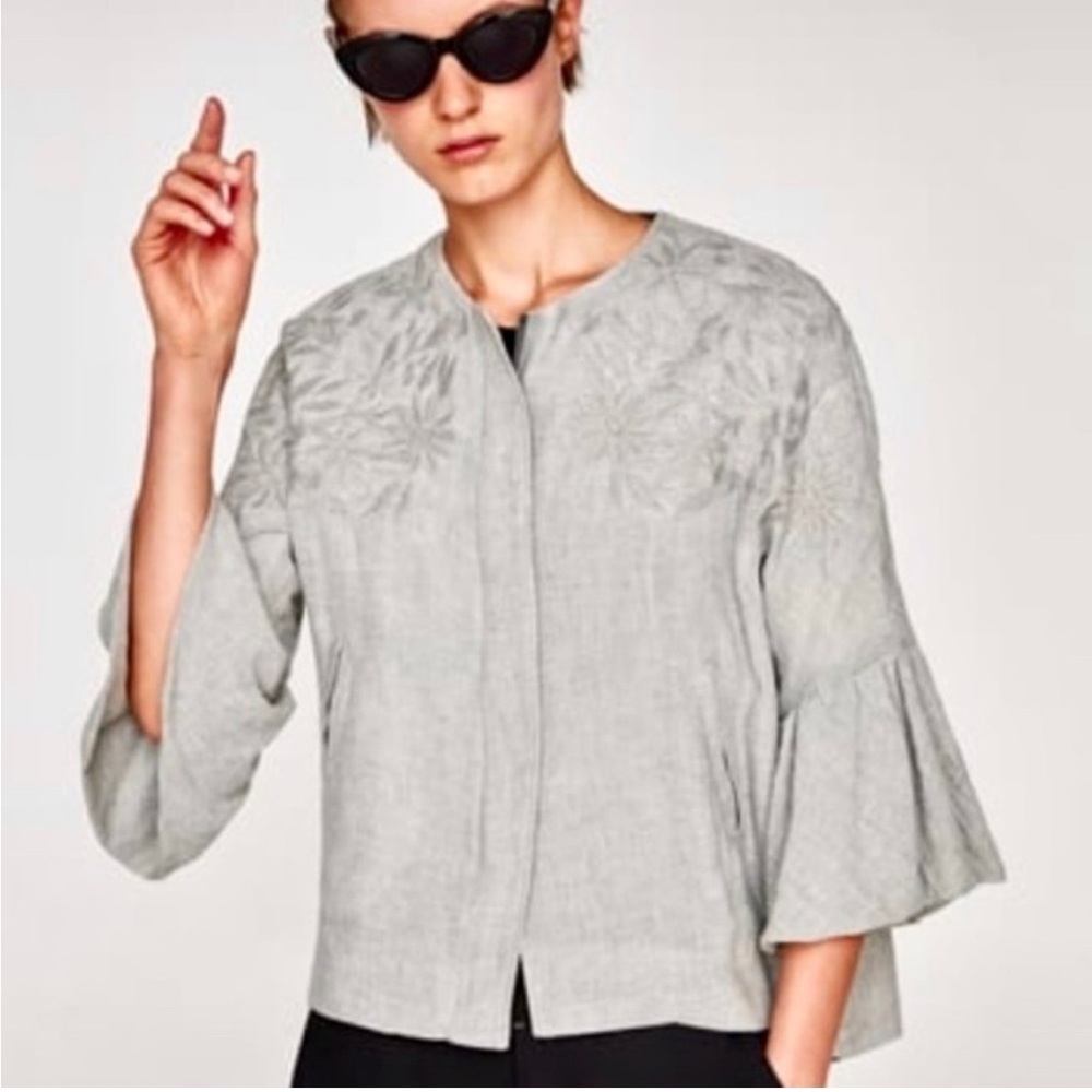 Zara Light Gray Embroidered Bell Sleeve Jacket